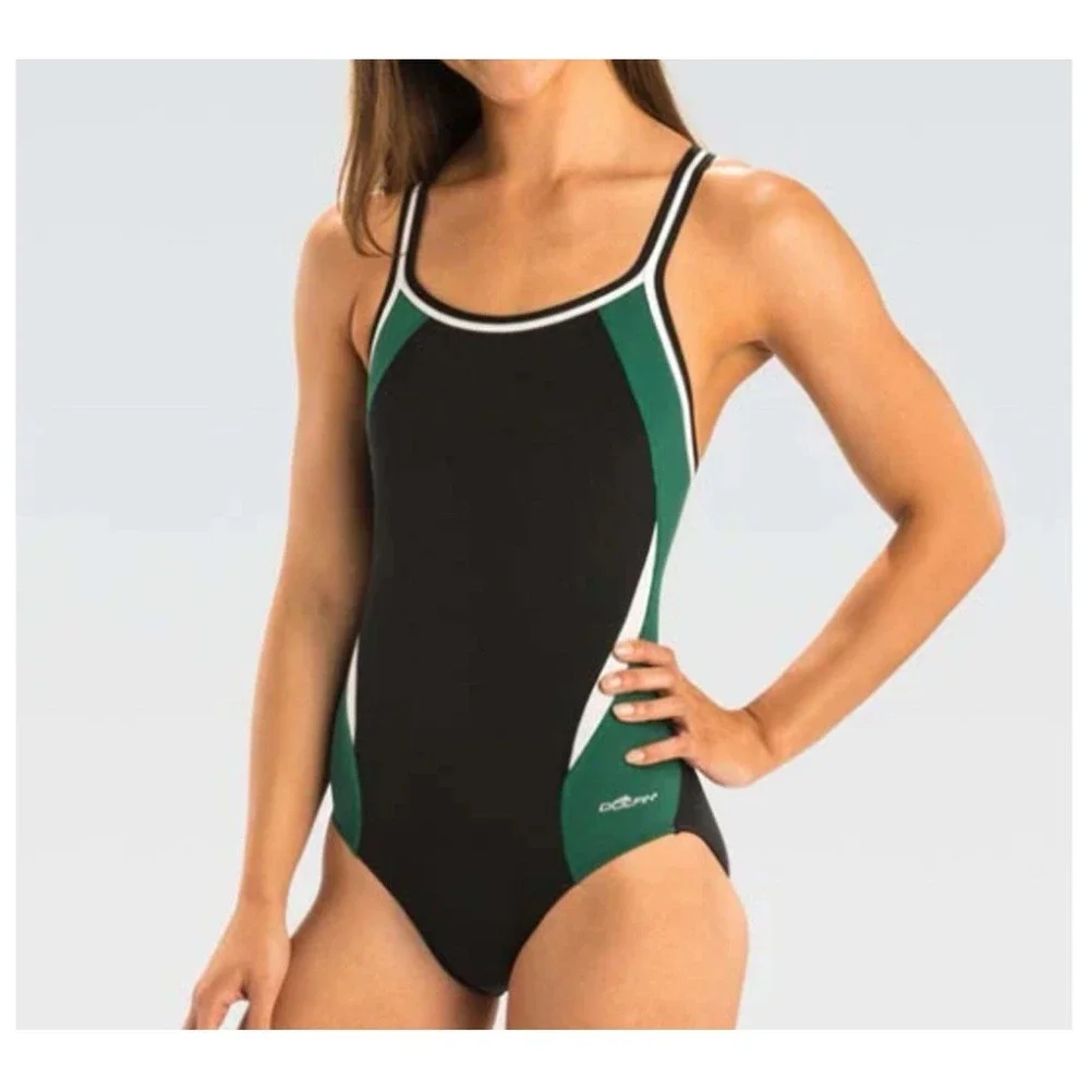 Dolfin‎ Womens Reliance One Piece Swimsuit Size 40/14 Black Green T-Back Comp